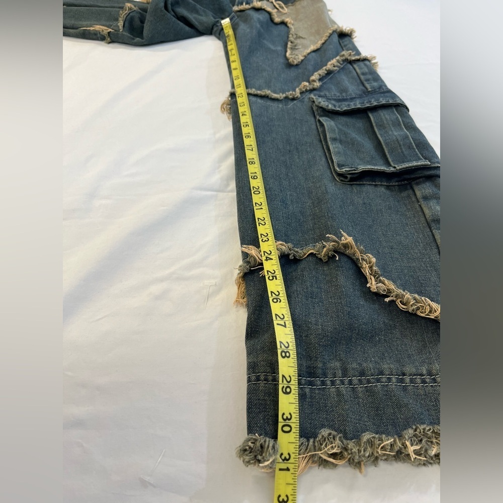 ROMWE Wide Leg Jeans Distressed Patchwork Frayed Star Denim Y2K Size 4 - Picture 8 of 12